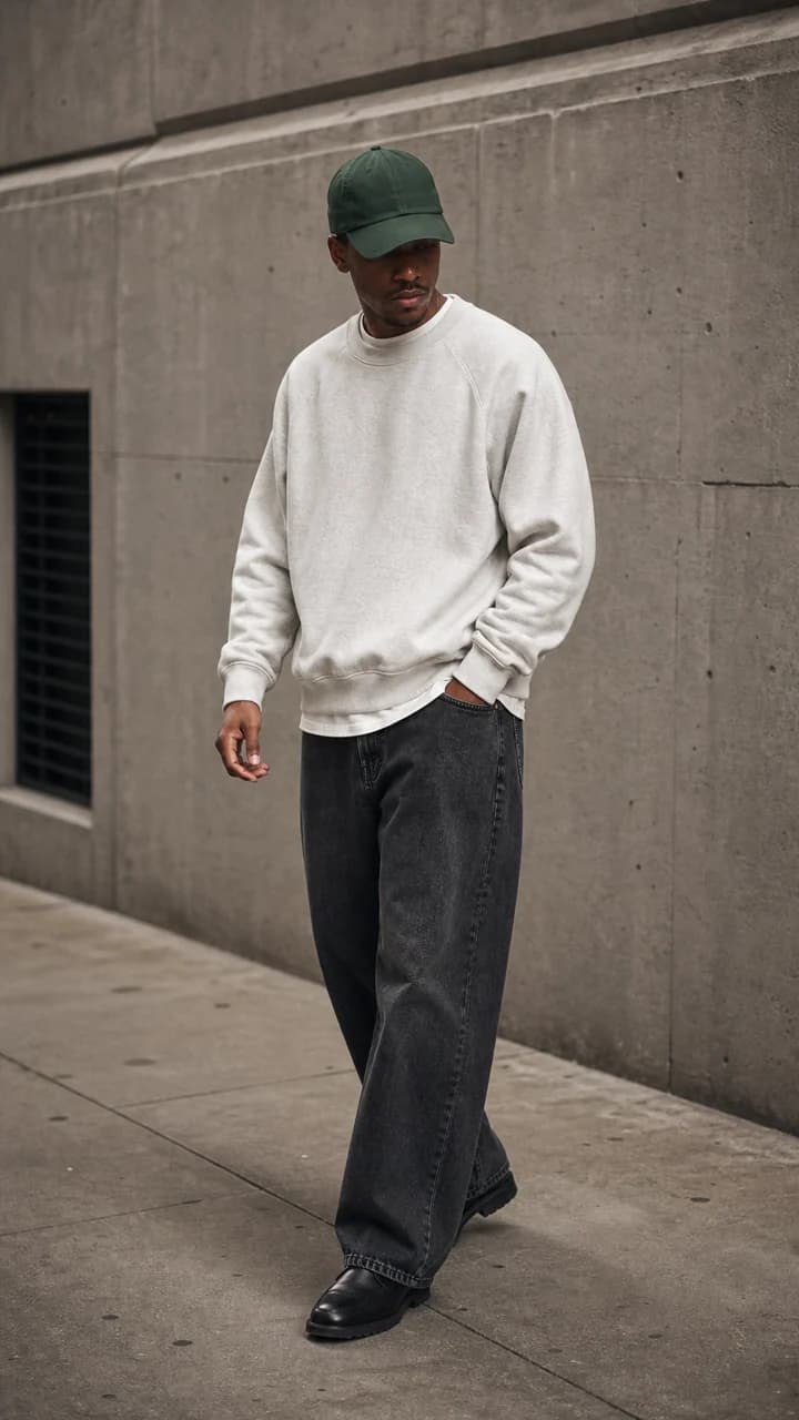 Full-body street-style social creative for an off-white sweatshirt and cap campaign