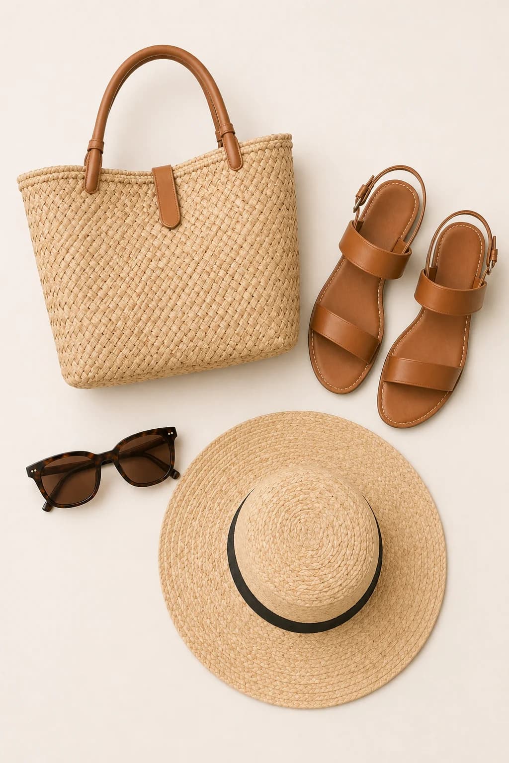 Top-down flat lay product photography with styled fashion accessories