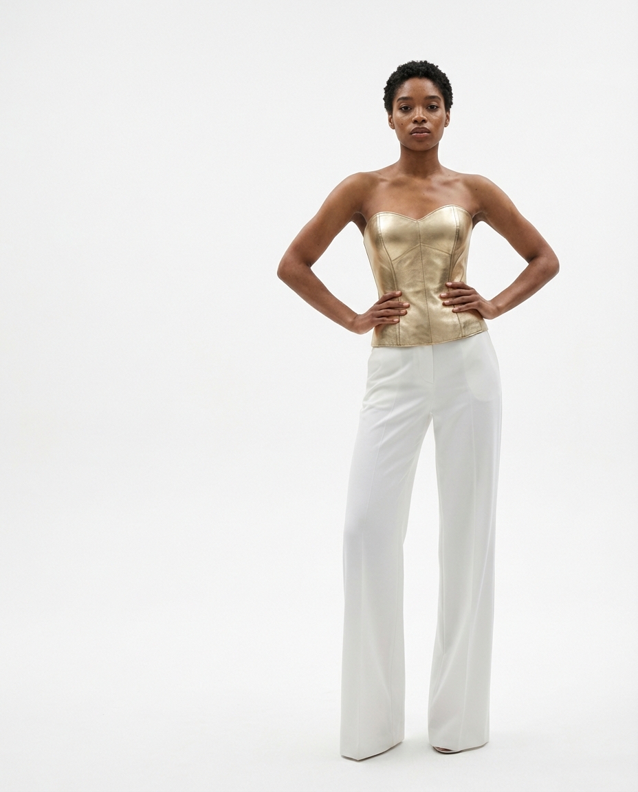 AI-generated editorial photo: model wearing gold corset, studio white background