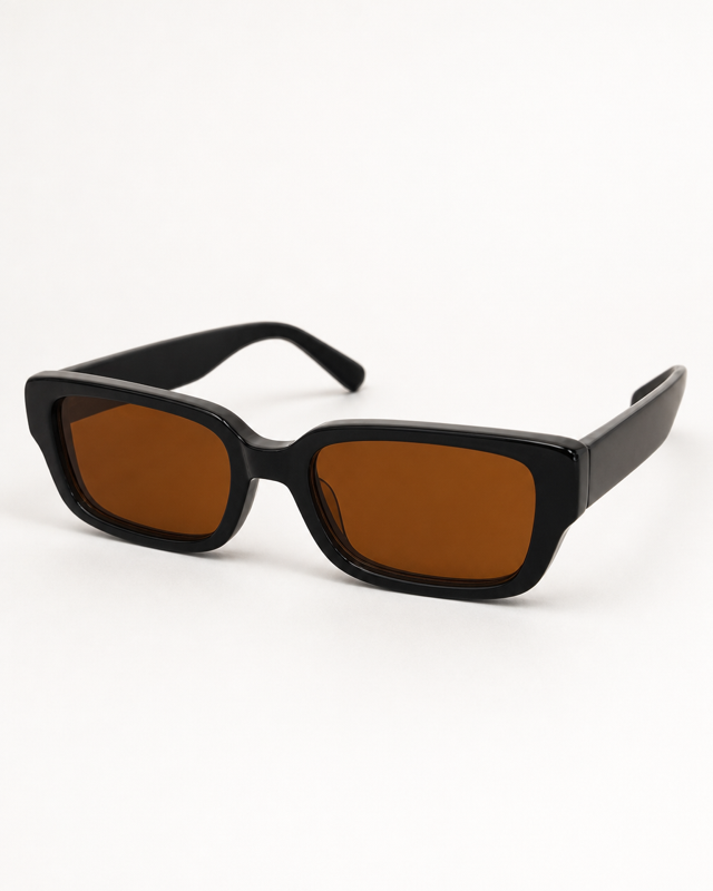 Clean product image — black rectangular sunglasses with amber lenses on an off-white background